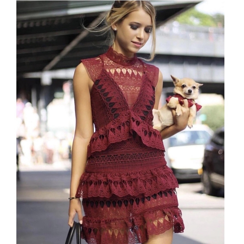 Self Portrait Teardrop Guipure Lace Tiered Mini Dress Burgundy